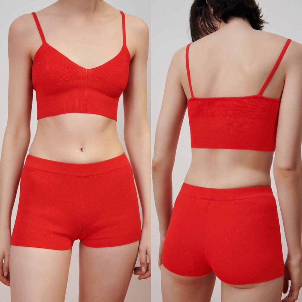 Zara RIBBED KNIT BANDAGE SHORTS High-waist RED NEW